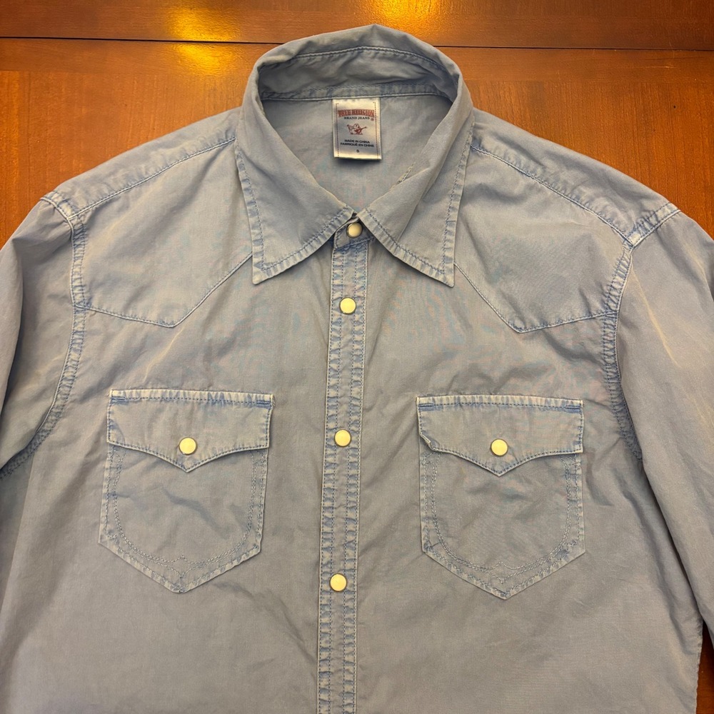 True Religion | Mens S | Western Pearl Snap Shirt Light Blue Cotton Long Sleeve